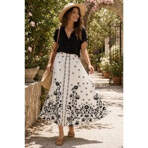 Deja Bleu XL Black White Floral Cotton A-Line Midi Skirt Boho Cottagecore India